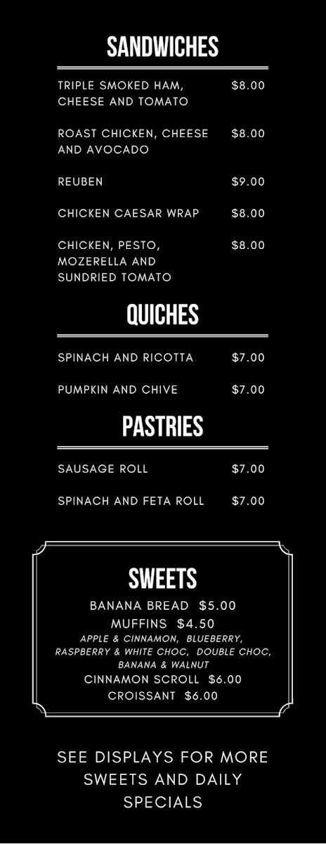 Menu, Ristretto Bathurst