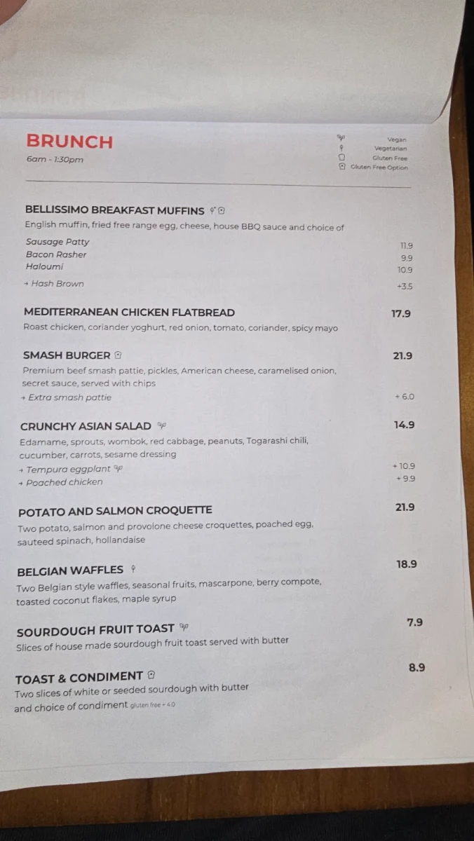 Menu, Bellissimo Coffee Coorparoo