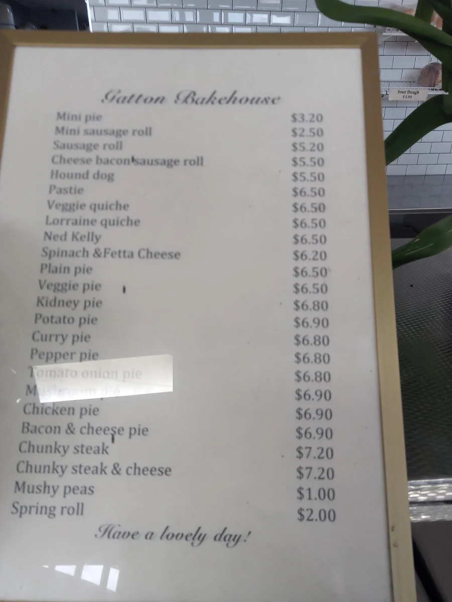 Menu, GATTON BAKEHOUSE