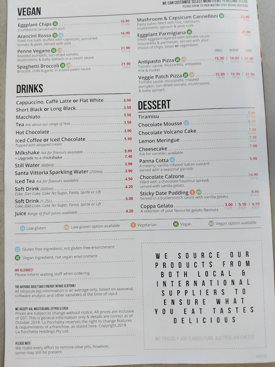 Menu, La Porchetta | Best Italian Restaurant in Frankston