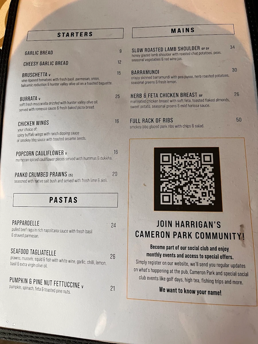 Menu, Harrigan's Cameron Park