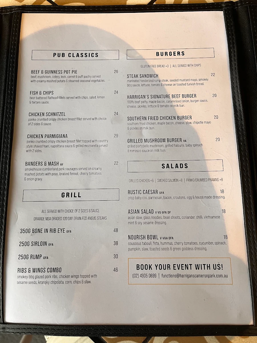 Menu, Harrigan's Cameron Park