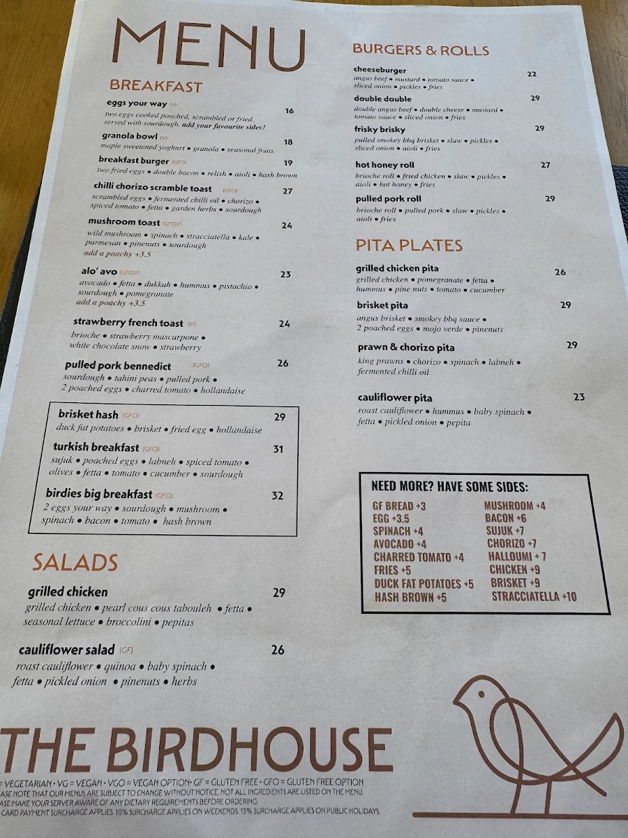 Menu, The Birdhouse (Birdies Woodfired Kitchen)
