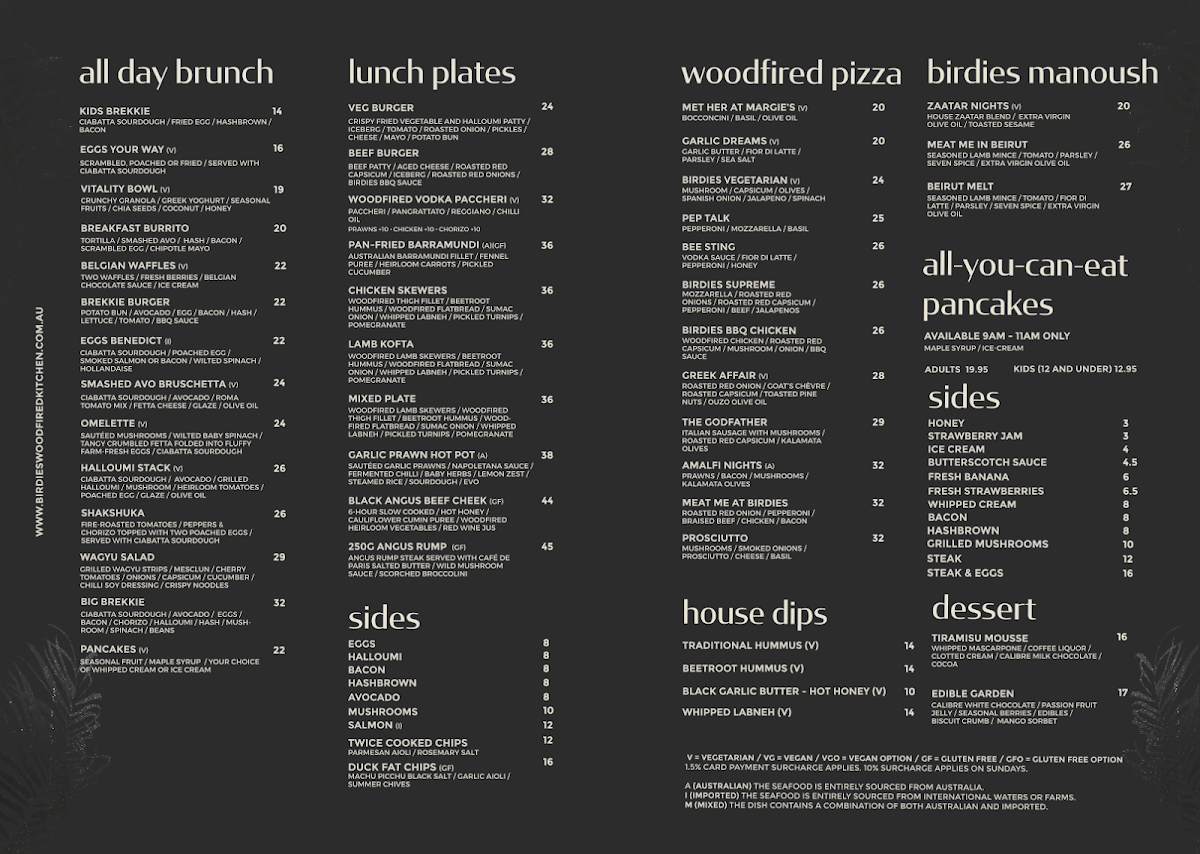 Menu, The Birdhouse (Birdies Woodfired Kitchen)