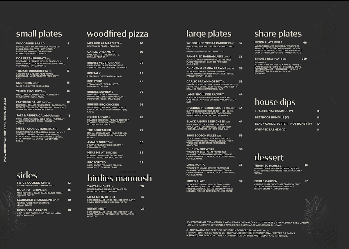 Menu, The Birdhouse (Birdies Woodfired Kitchen)