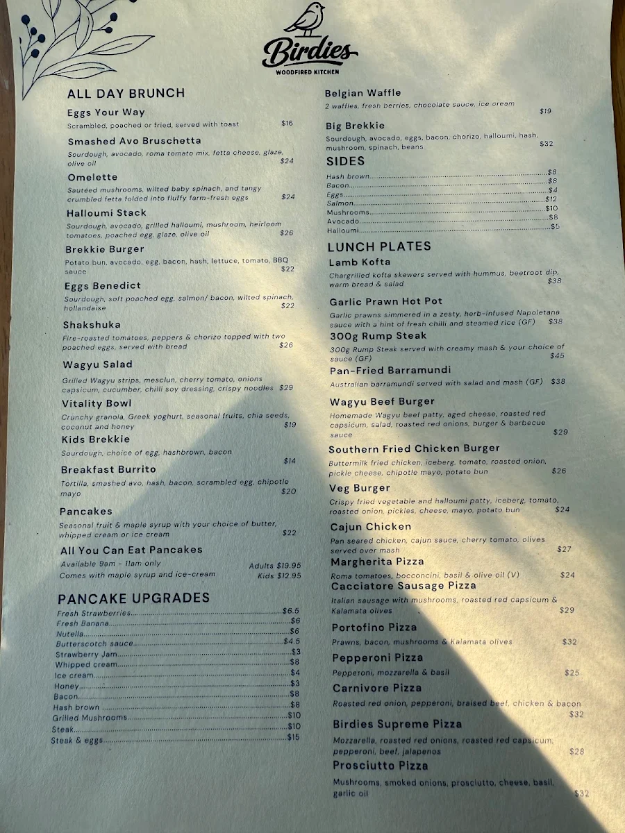 Menu, The Birdhouse (Birdies Woodfired Kitchen)