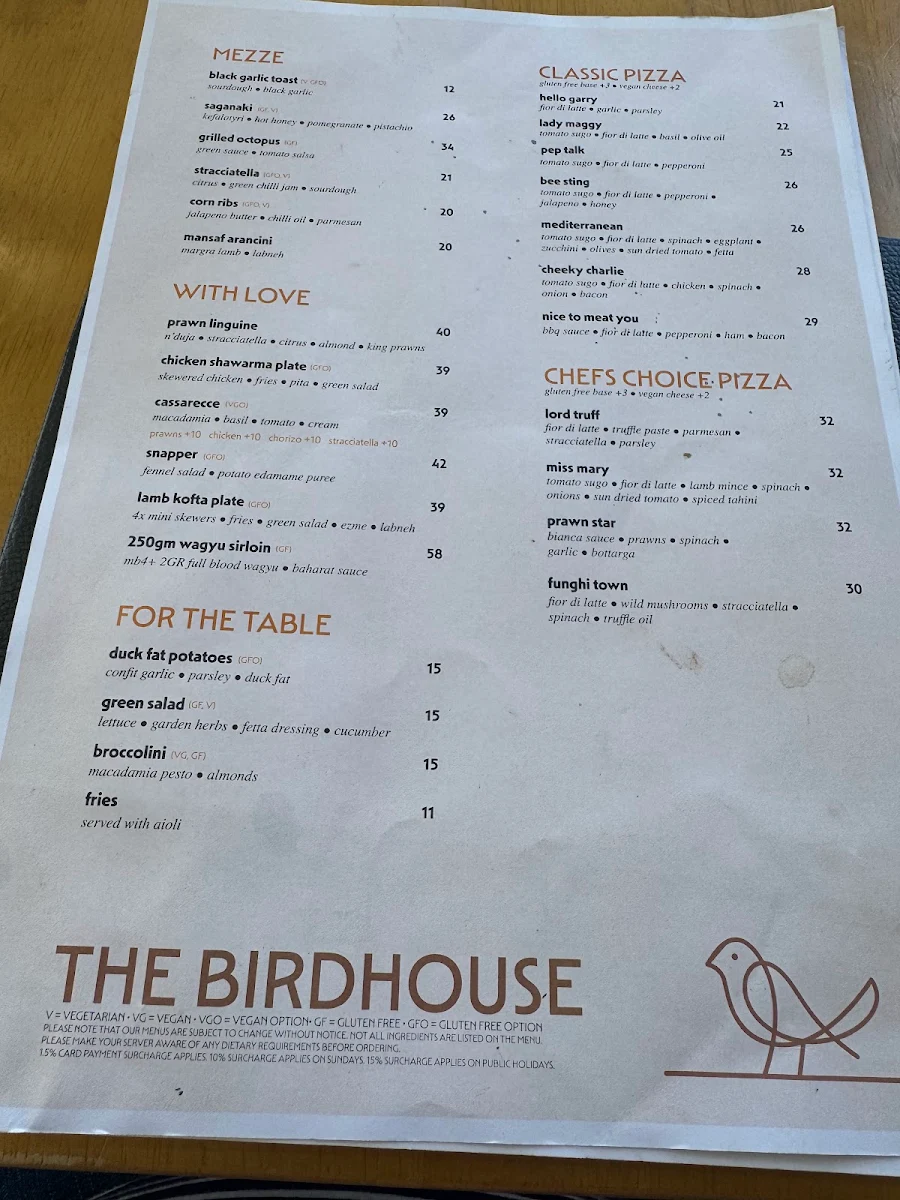 Menu, The Birdhouse (Birdies Woodfired Kitchen)