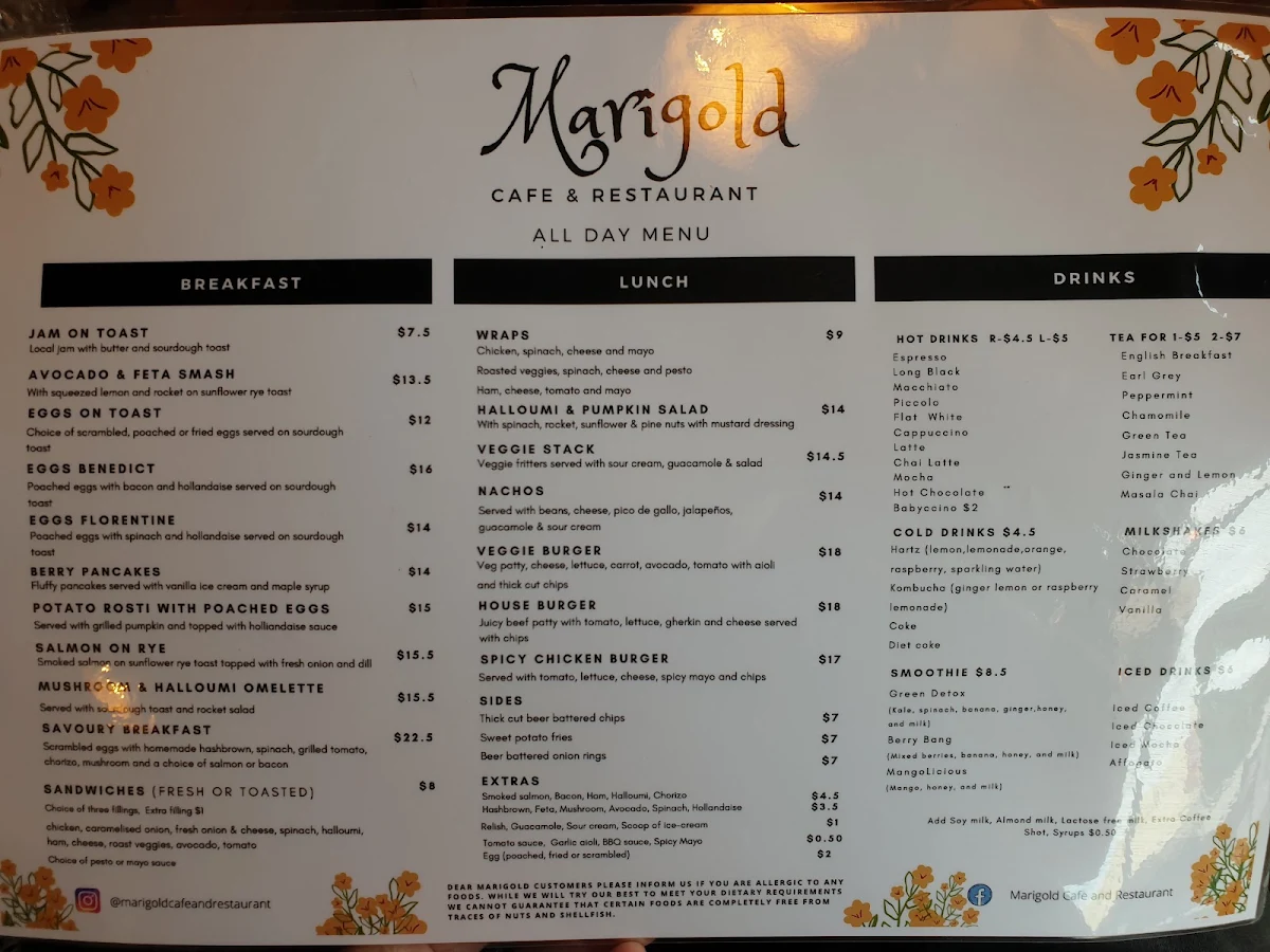 Menu, Marigold cafe and restaurant