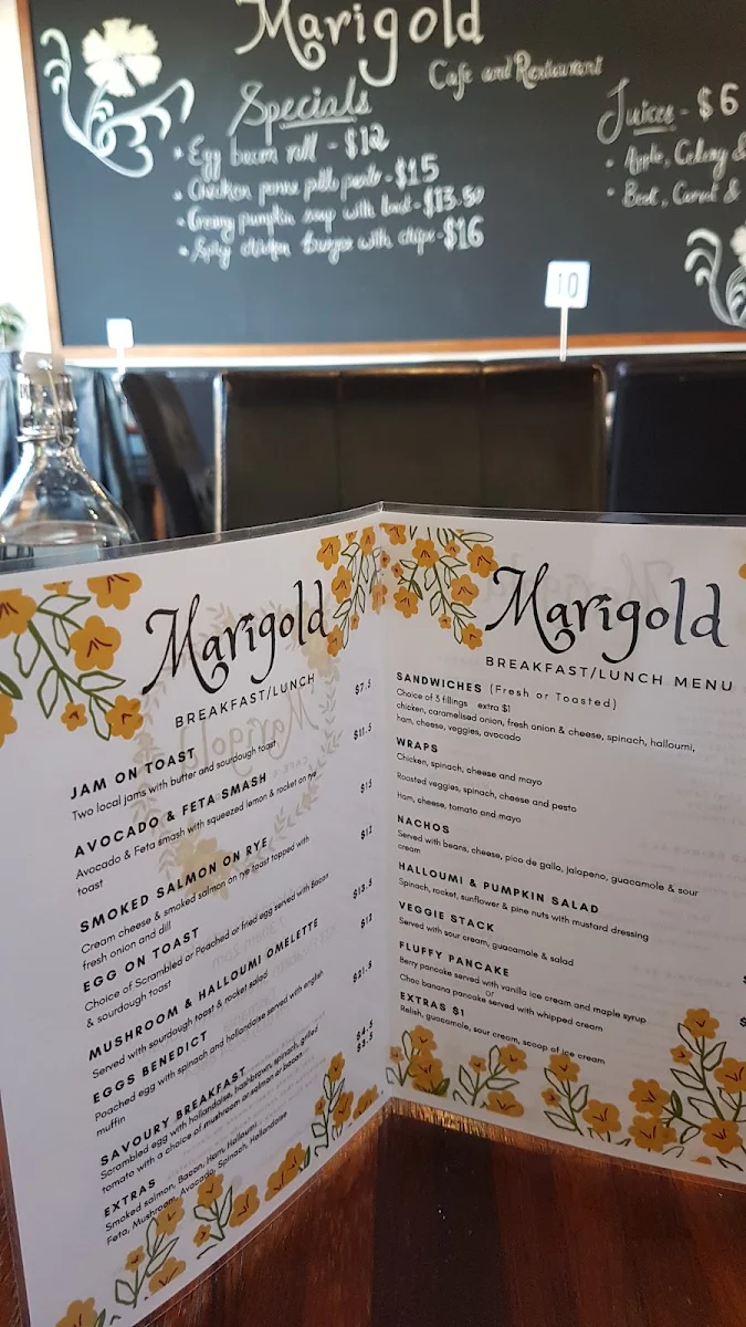 Menu, Marigold cafe and restaurant