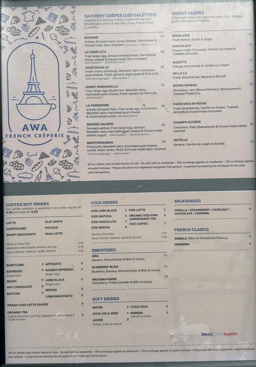 Menu, Awa French Crêperie & Café