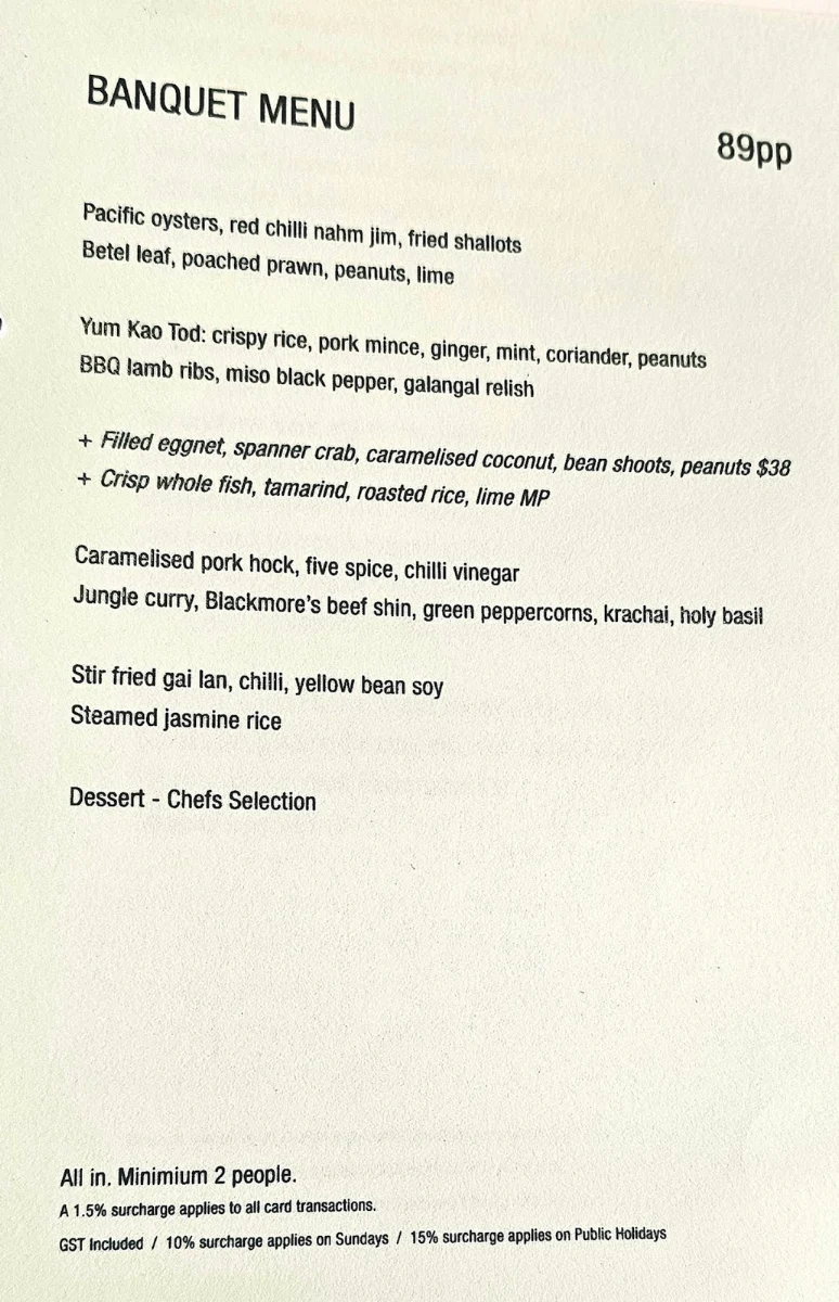 Menu, Longrain Melbourne