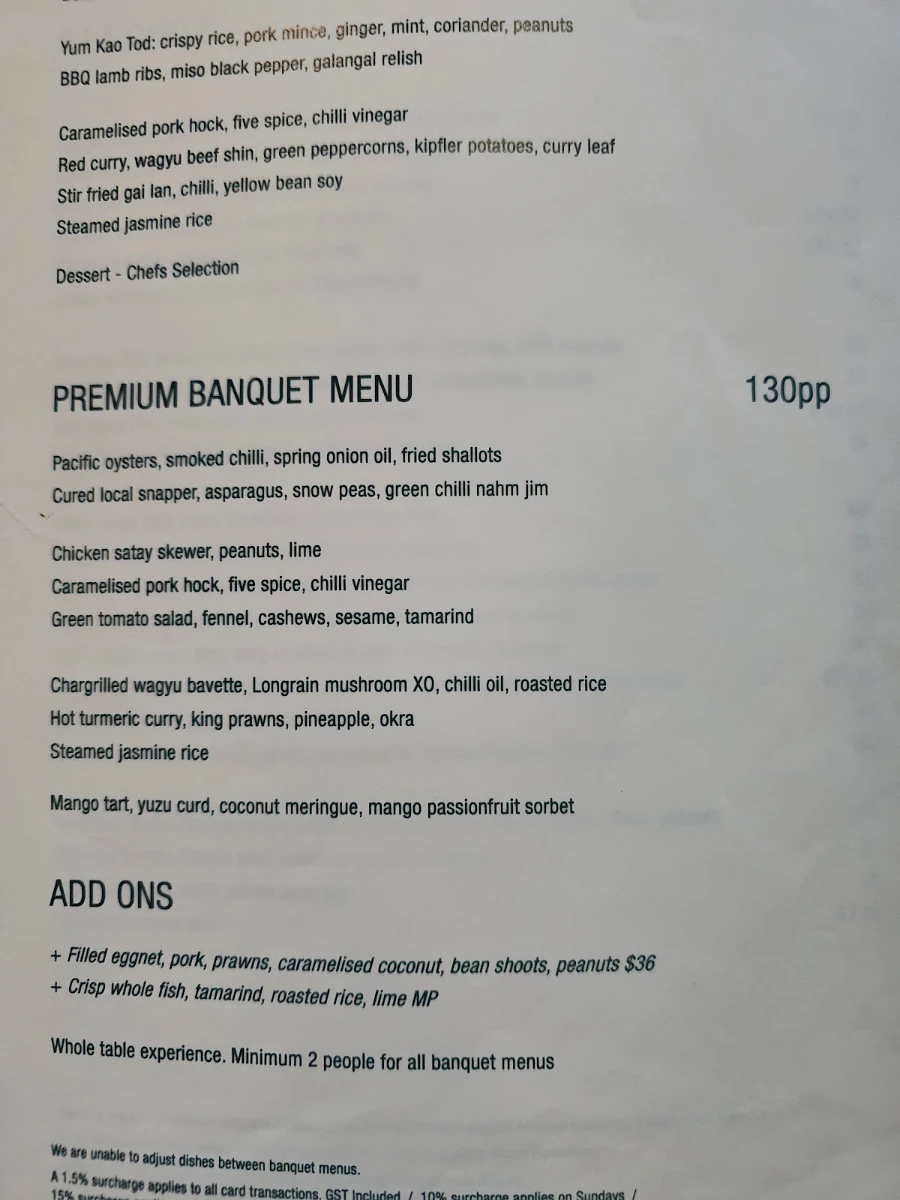 Menu, Longrain Melbourne