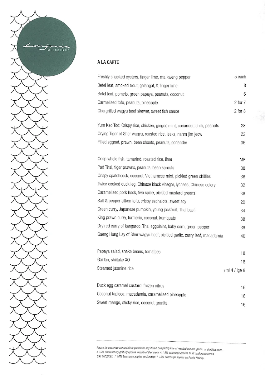 Menu, Longrain Melbourne