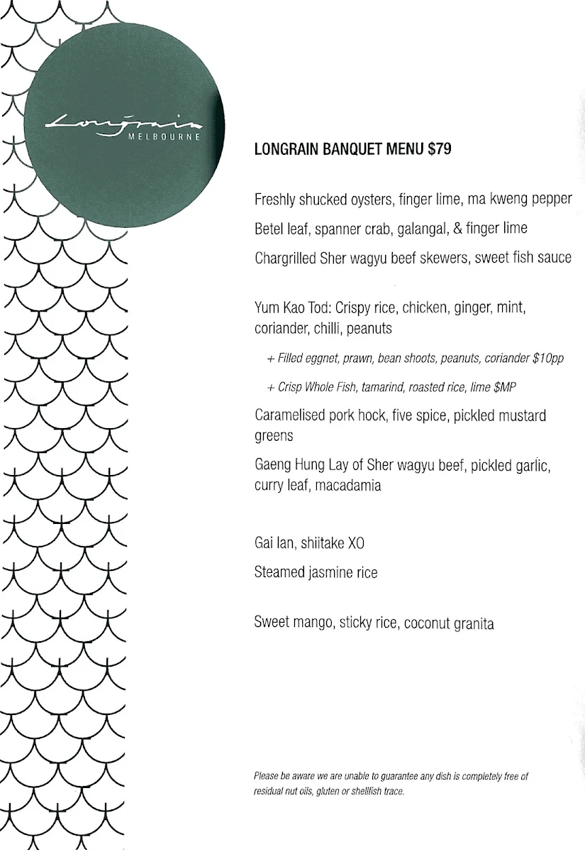 Menu, Longrain Melbourne