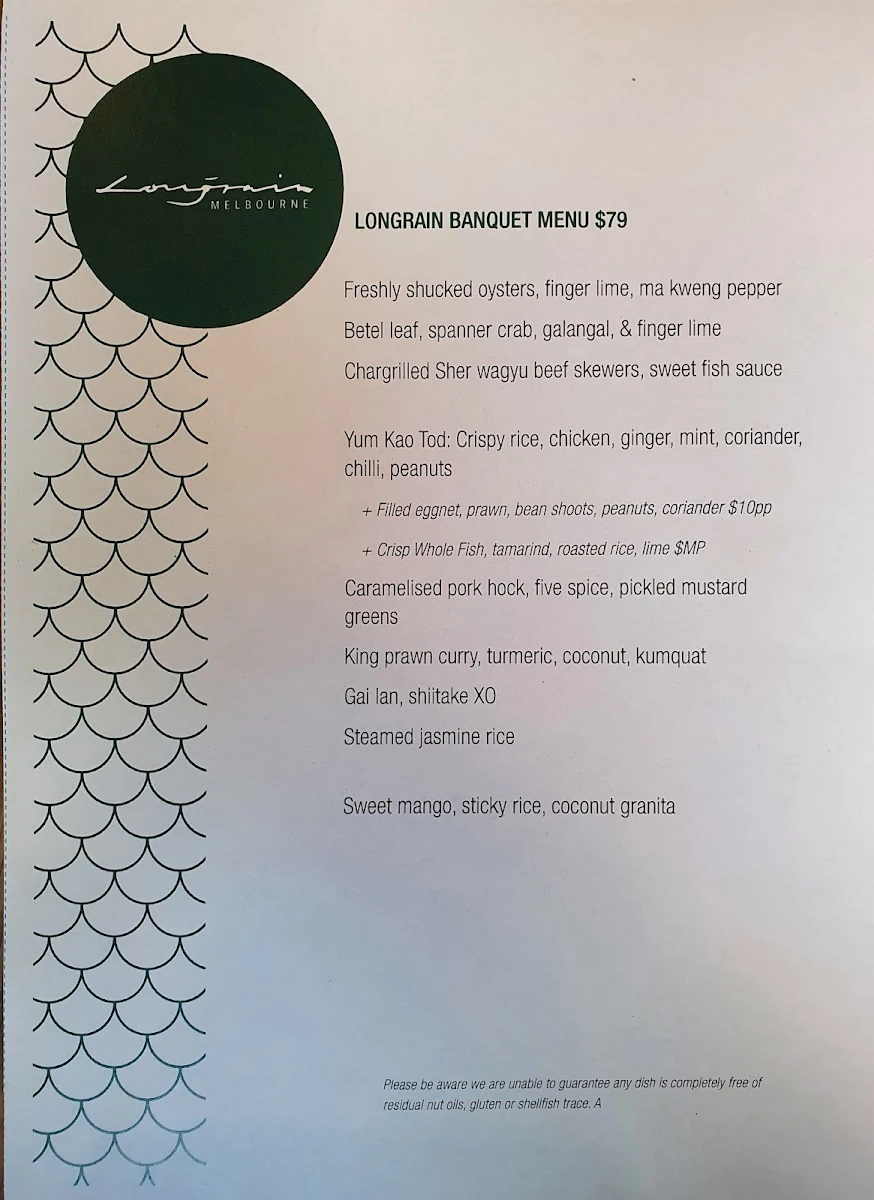 Menu, Longrain Melbourne