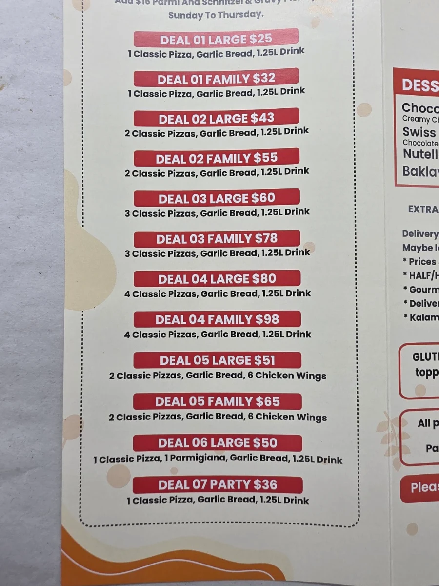 Menu, Glanville Pizza & Parmi House