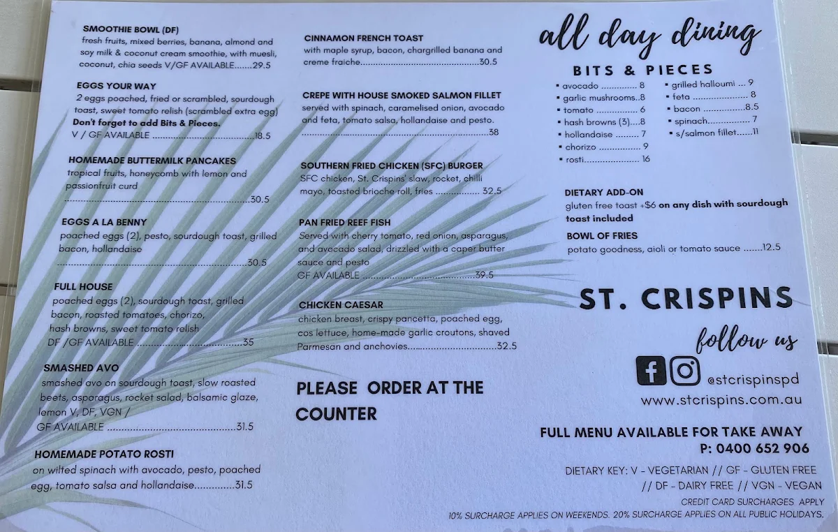 Menu, St. Crispins