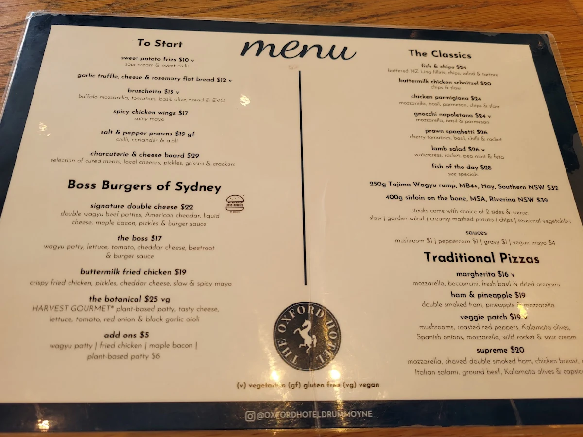 Menu, The Oxford Hotel Drummoyne