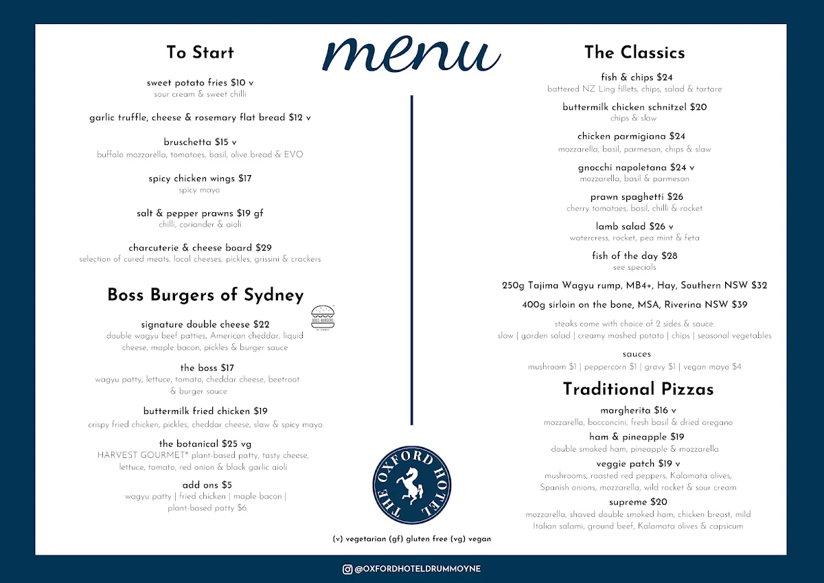 Menu, The Oxford Hotel Drummoyne