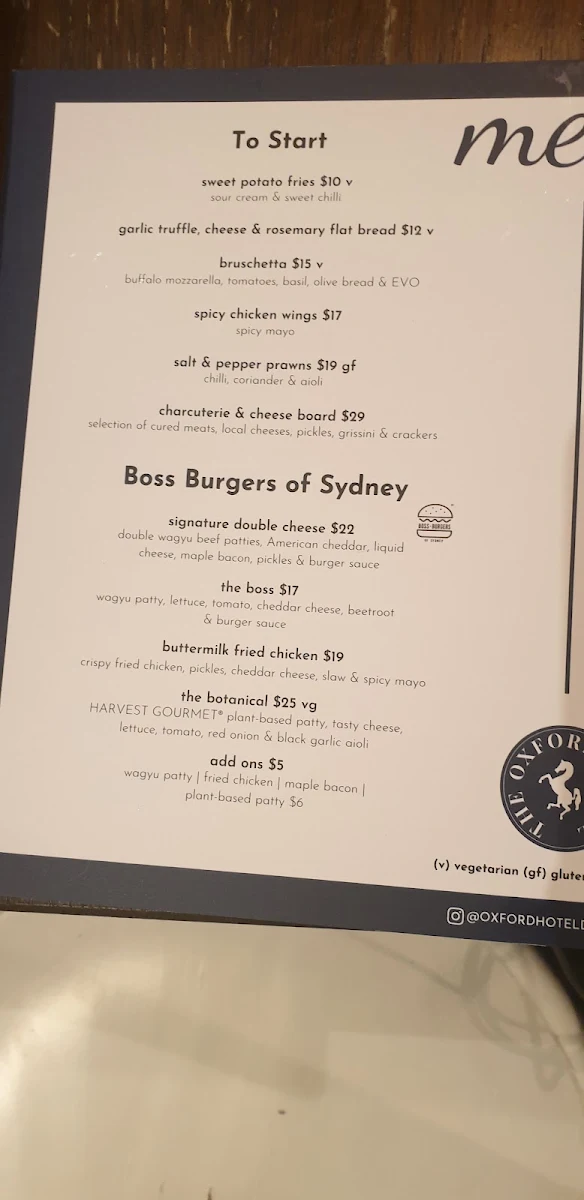 Menu, The Oxford Hotel Drummoyne