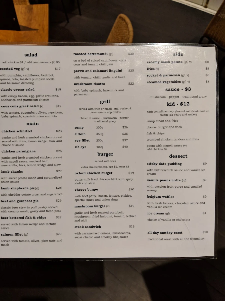 Menu, The Oxford Hotel Drummoyne