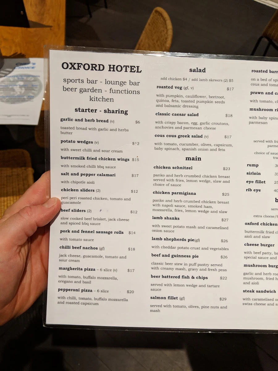 Menu, The Oxford Hotel Drummoyne