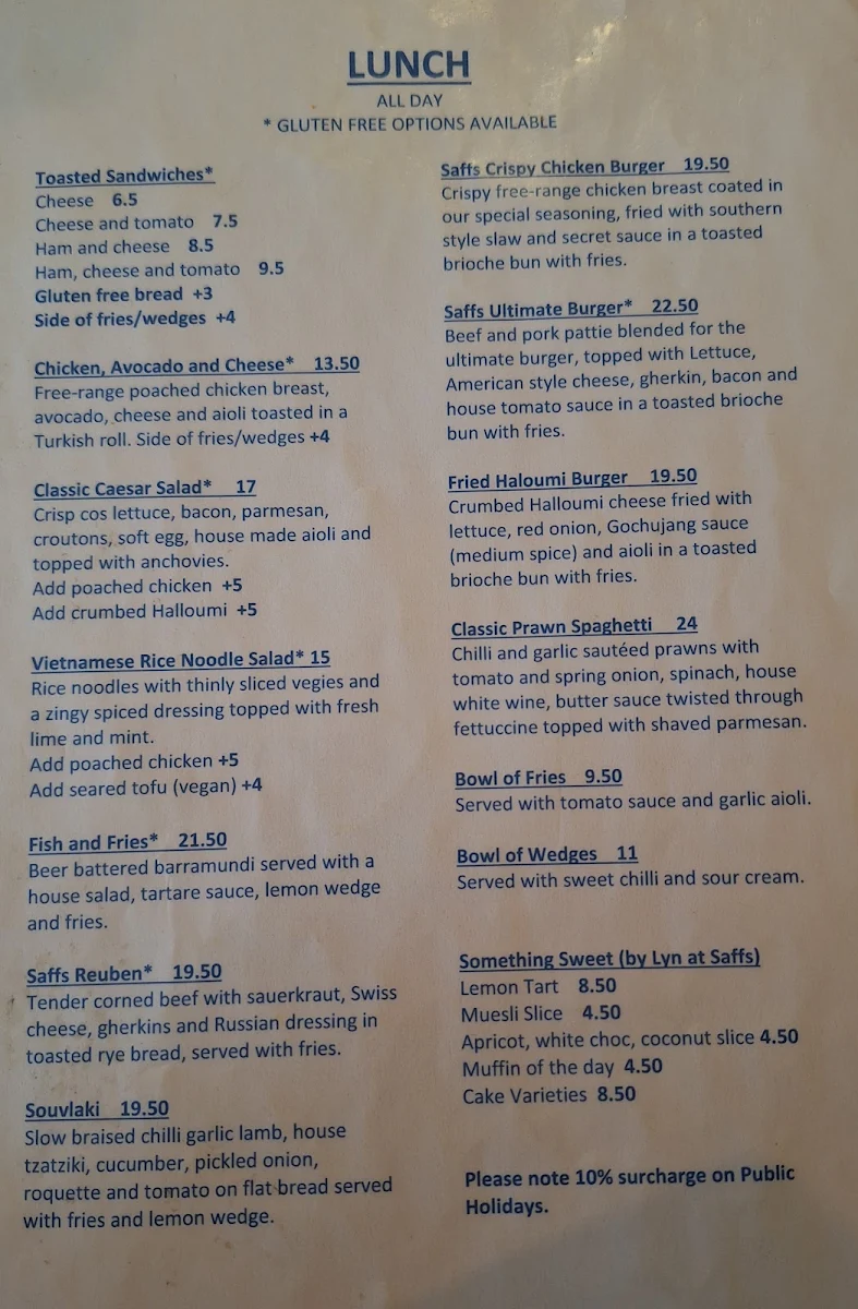 Menu, Saffs Cafe