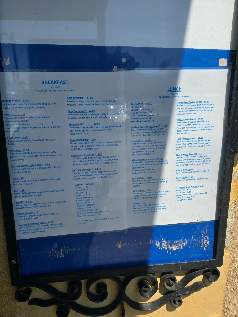 Menu, Saffs Cafe