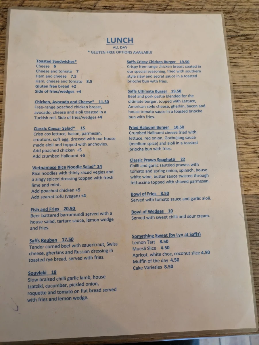 Menu, Saffs Cafe