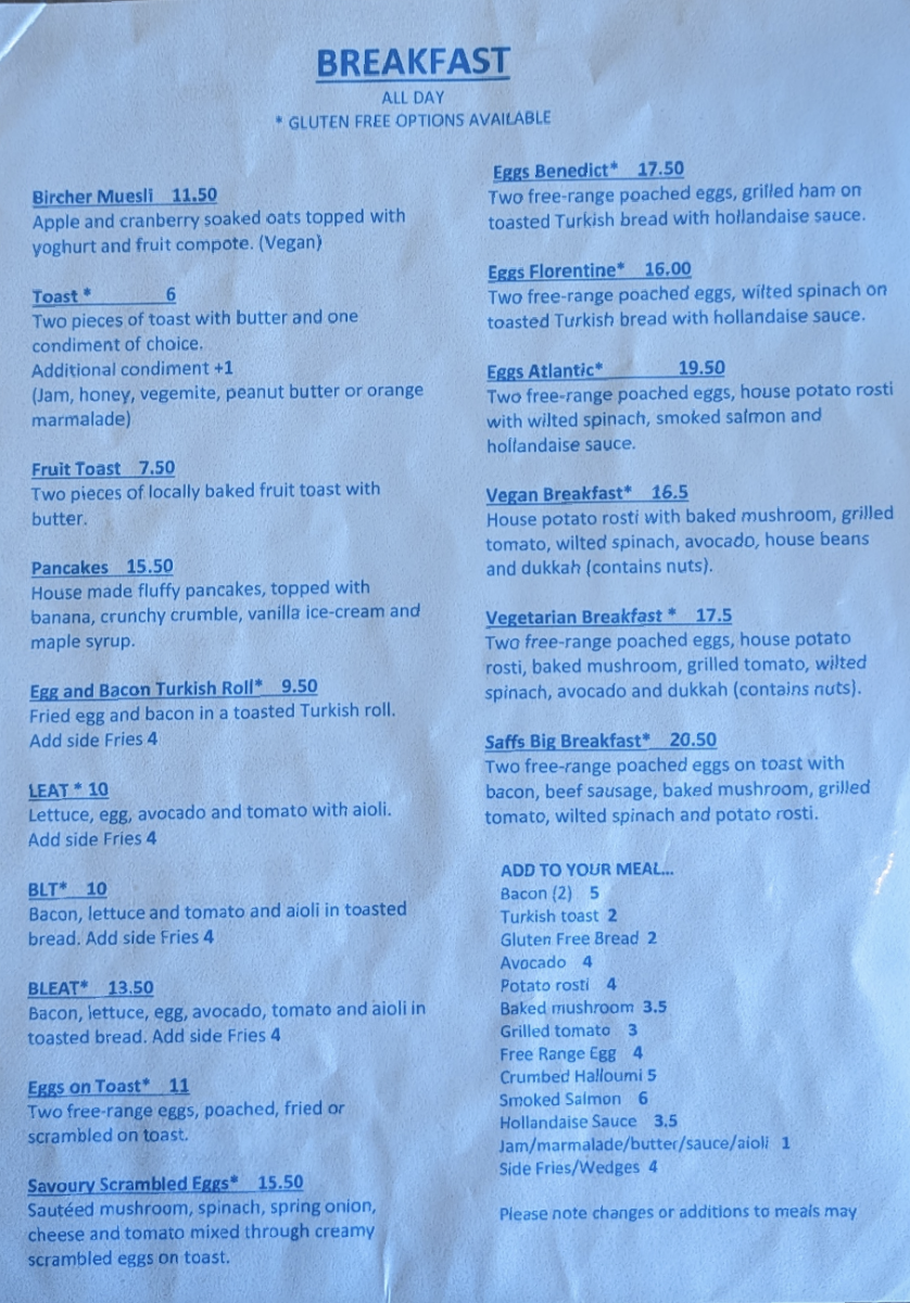 Menu, Saffs Cafe