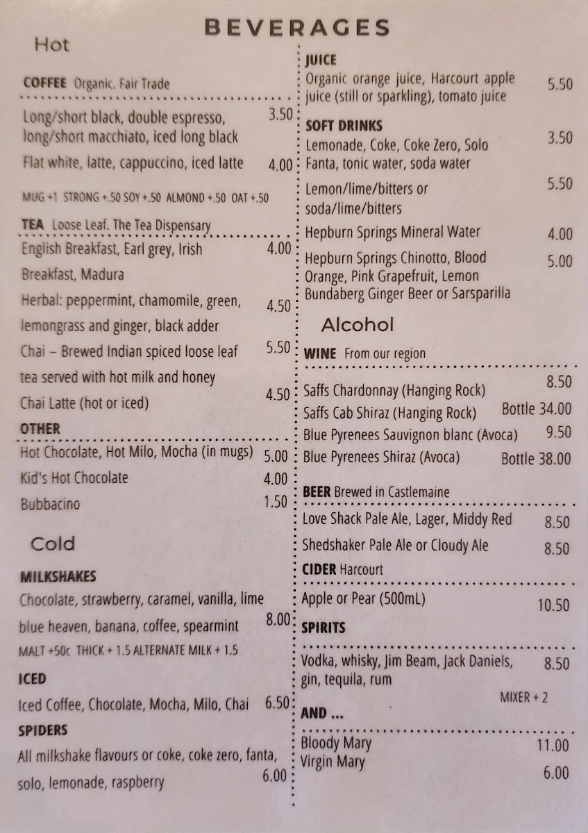 Menu, Saffs Cafe