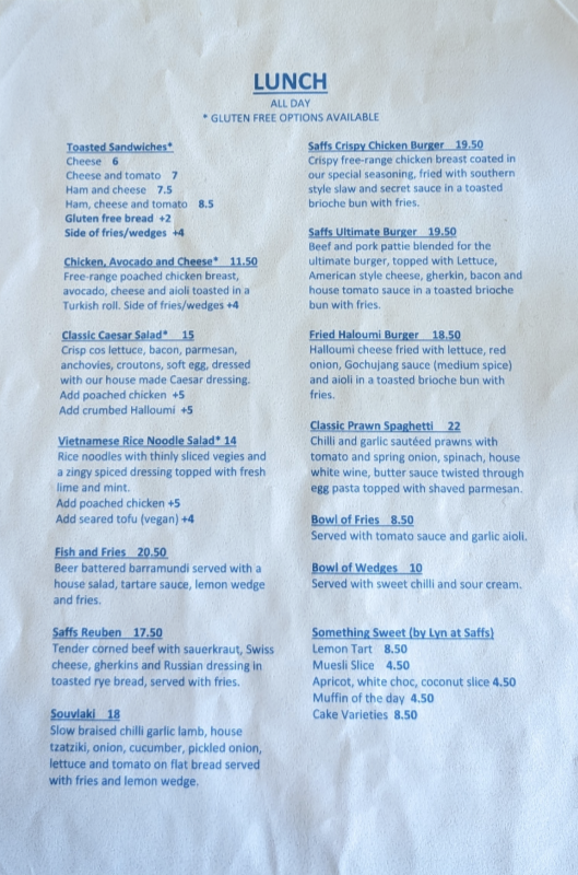 Menu, Saffs Cafe