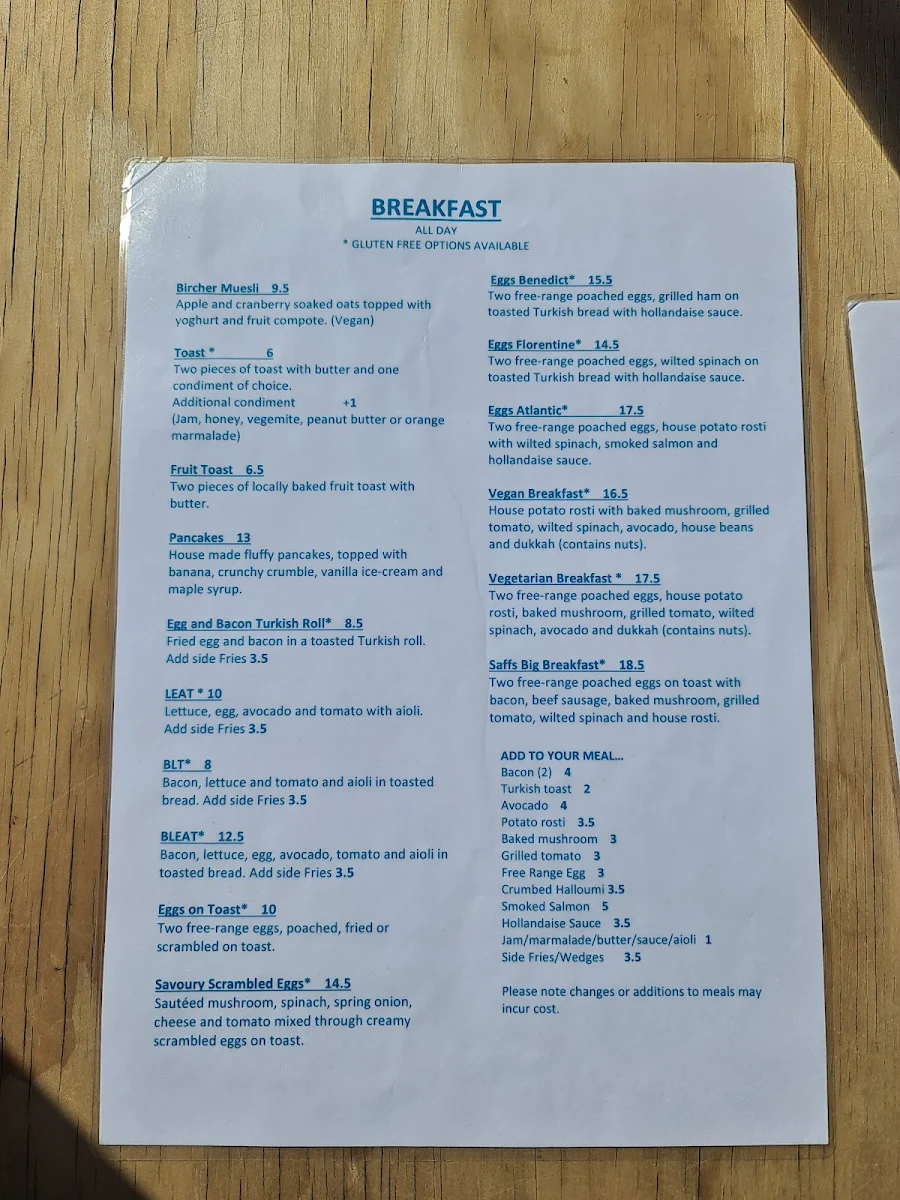 Menu, Saffs Cafe