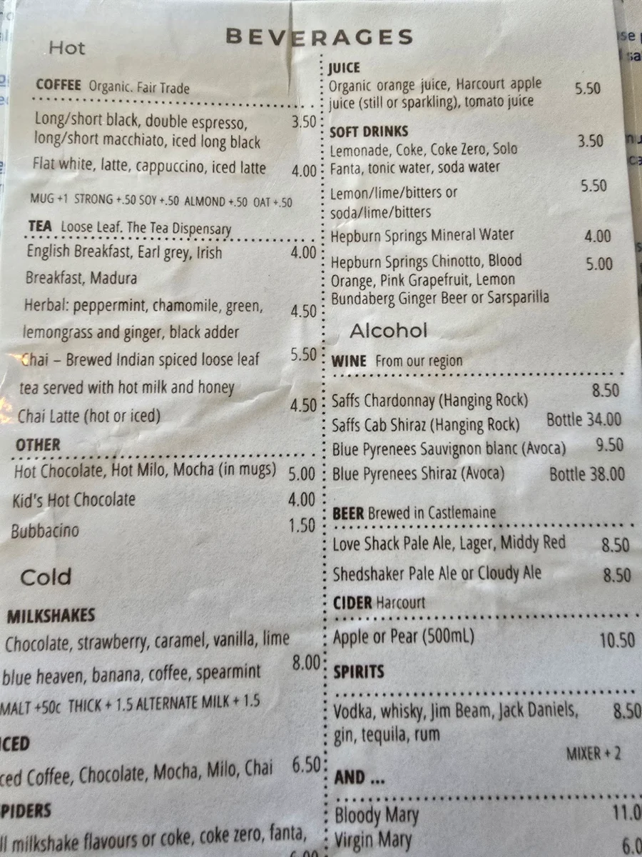 Menu, Saffs Cafe