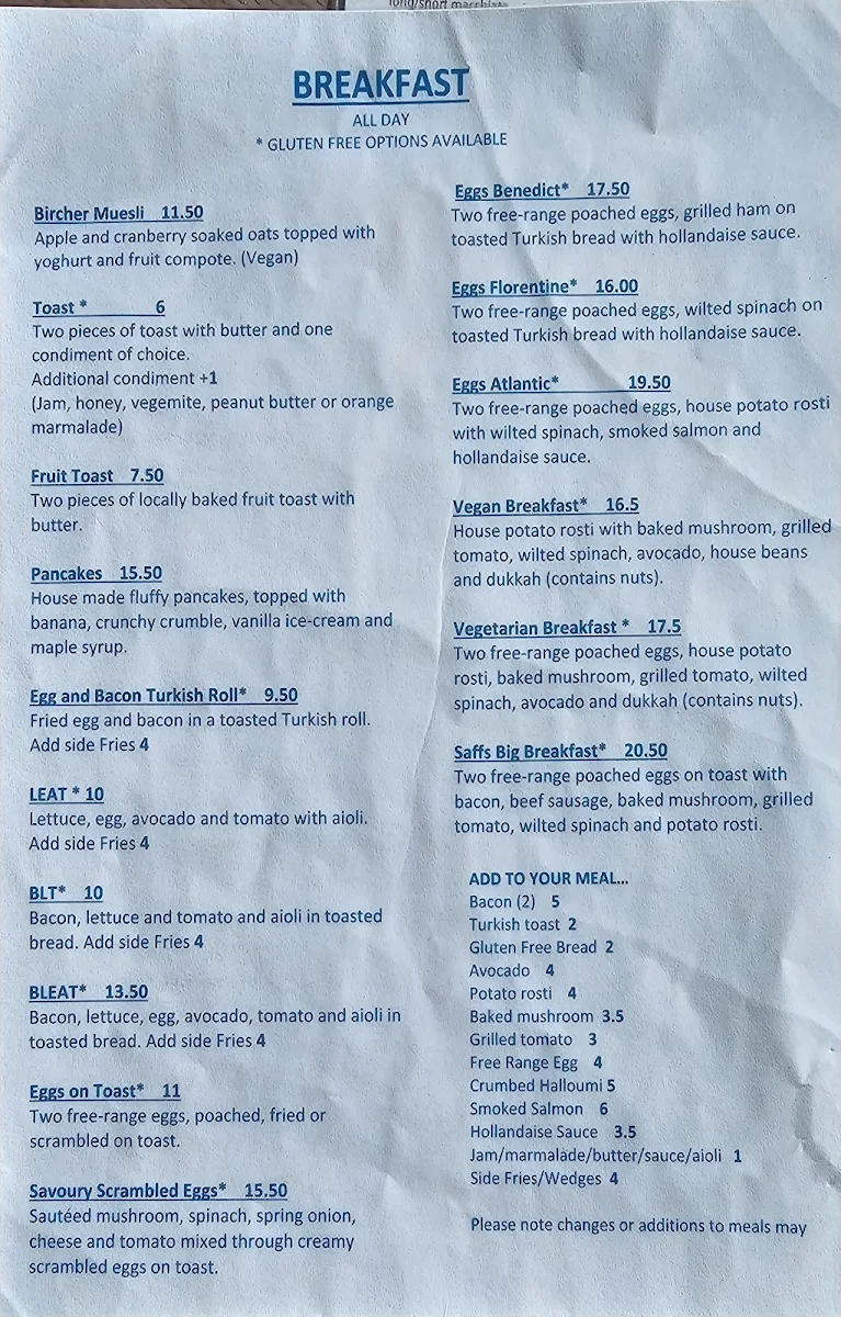 Menu, Saffs Cafe