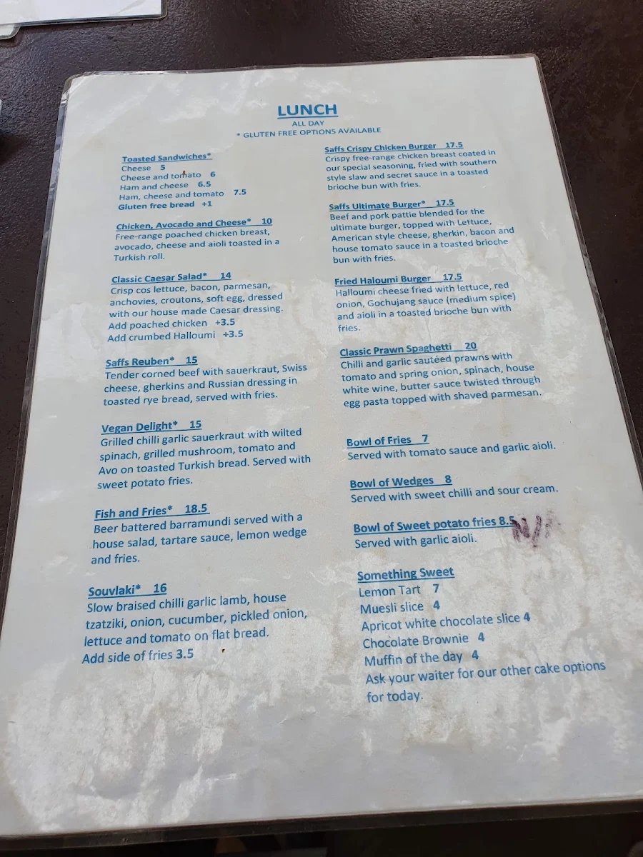 Menu, Saffs Cafe