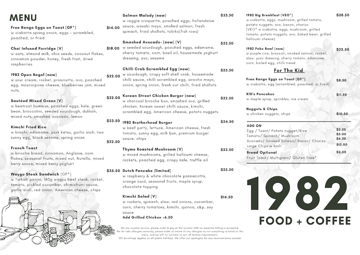 Menu, 1982 Food + Coffee