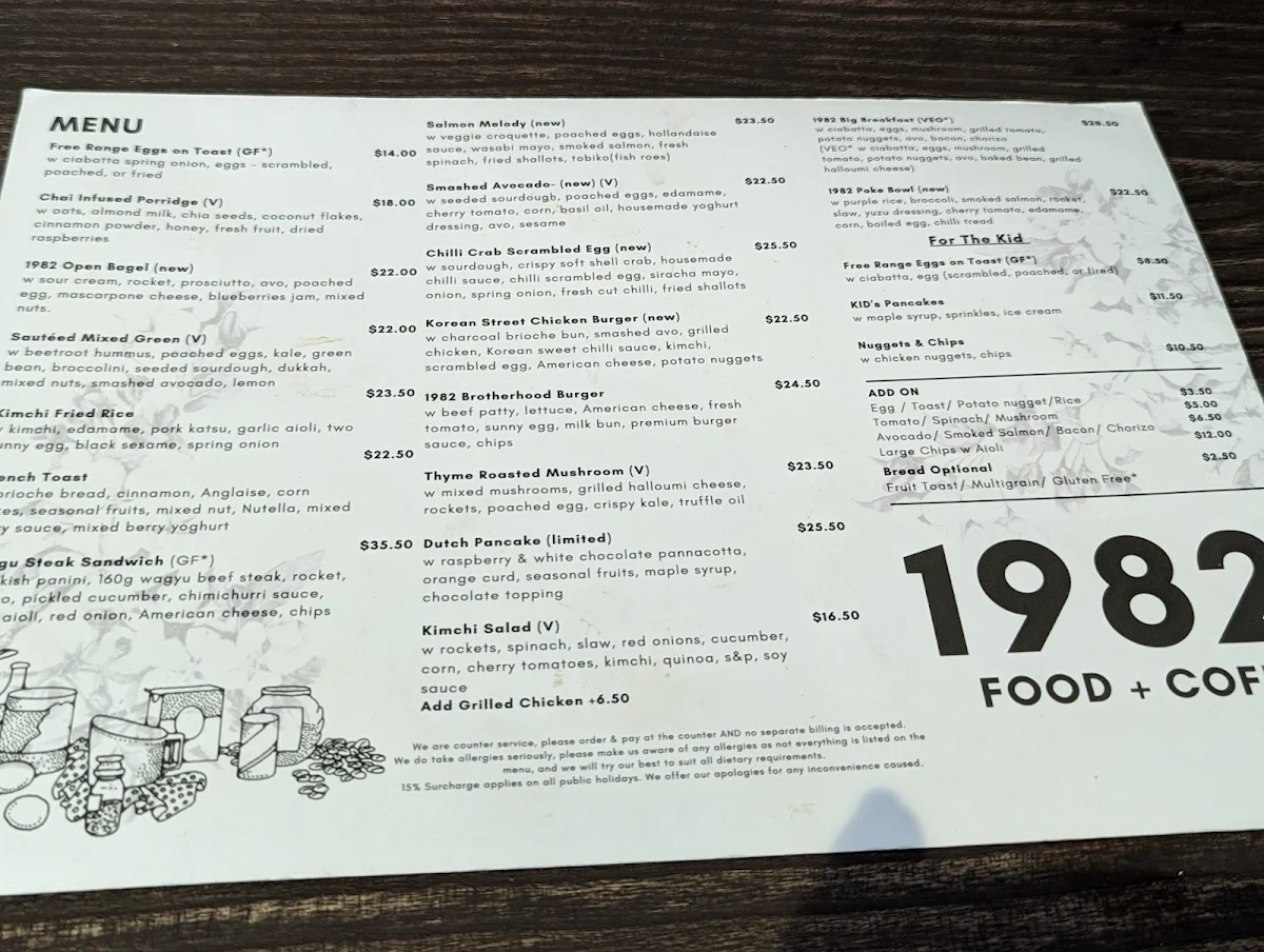 Menu, 1982 Food + Coffee