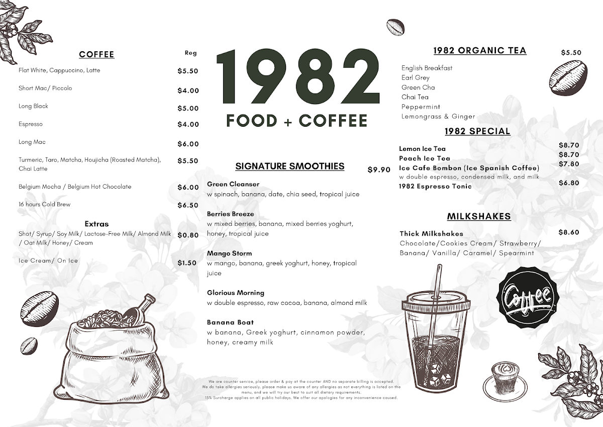 Menu, 1982 Food + Coffee