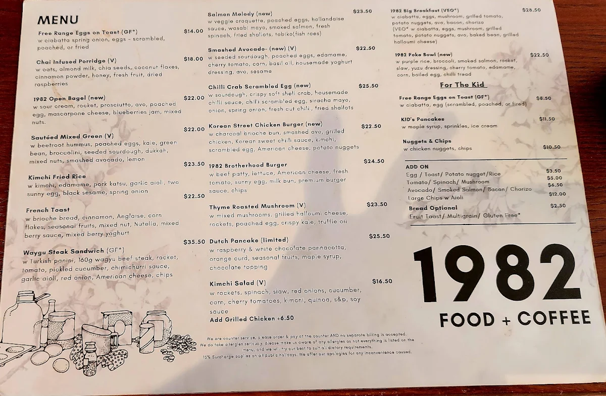Menu, 1982 Food + Coffee