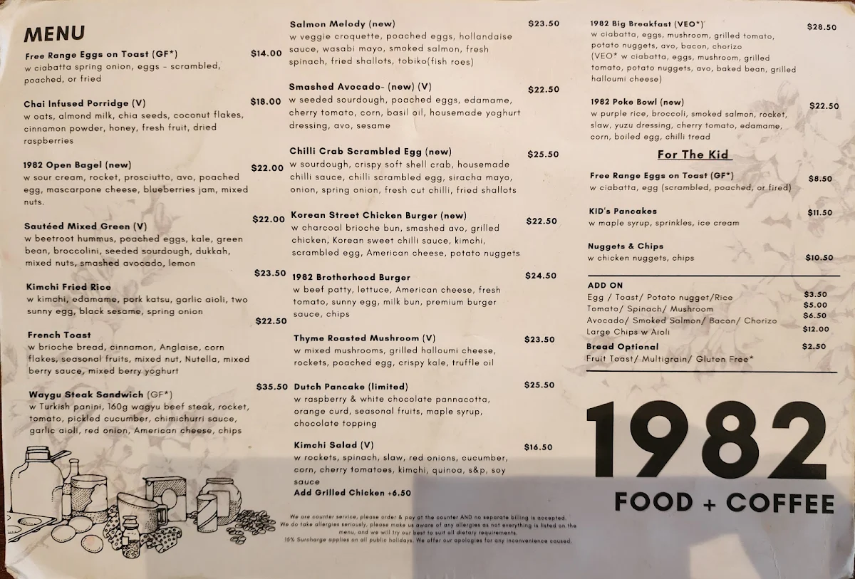 Menu, 1982 Food + Coffee