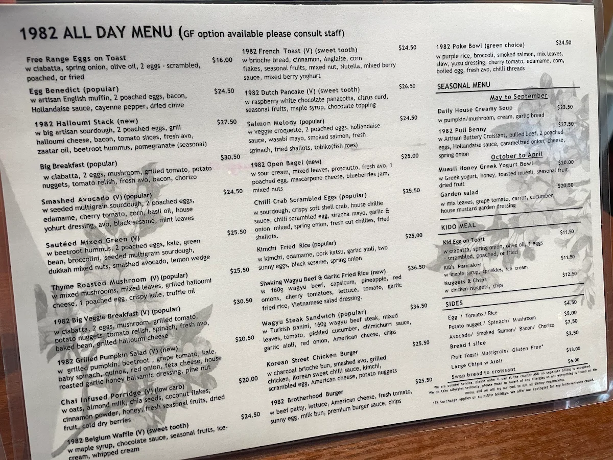 Menu, 1982 Food + Coffee