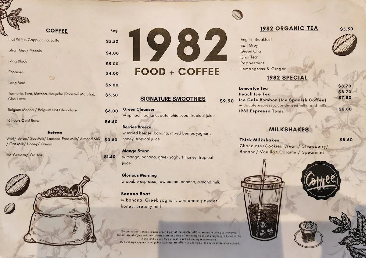Menu, 1982 Food + Coffee
