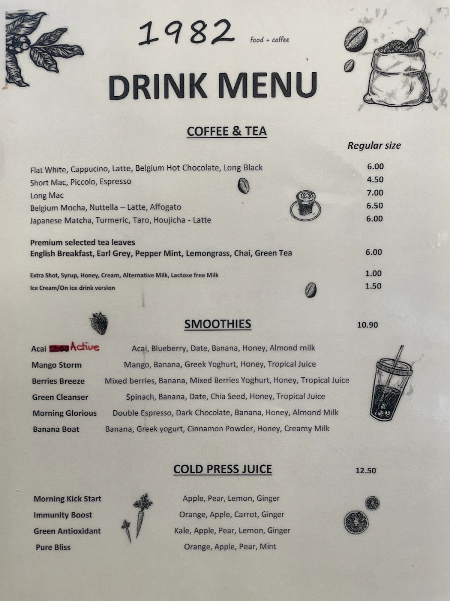 Menu, 1982 Food + Coffee