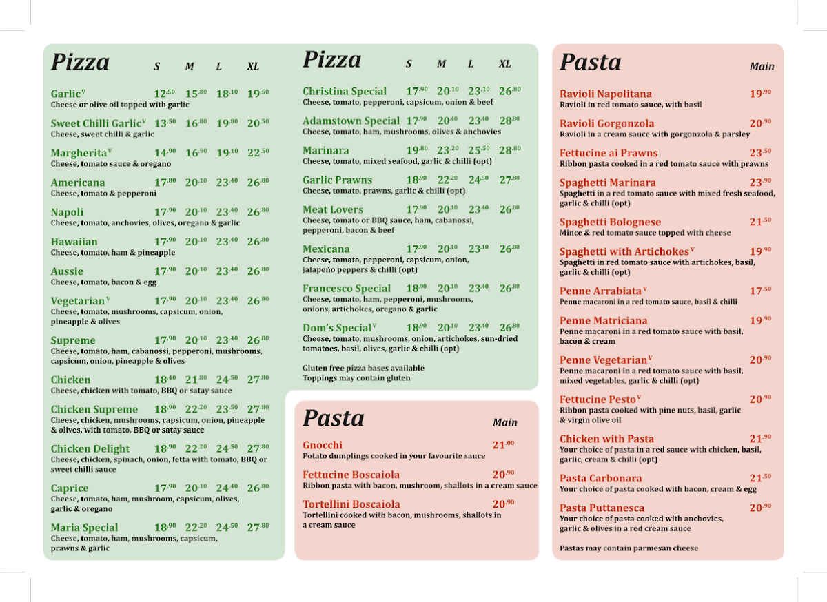 Menu, Hungry Wolf's Italian restaurant