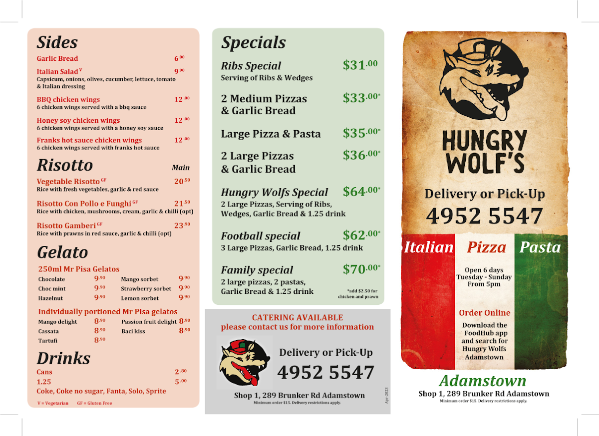 Menu, Hungry Wolf's Italian restaurant