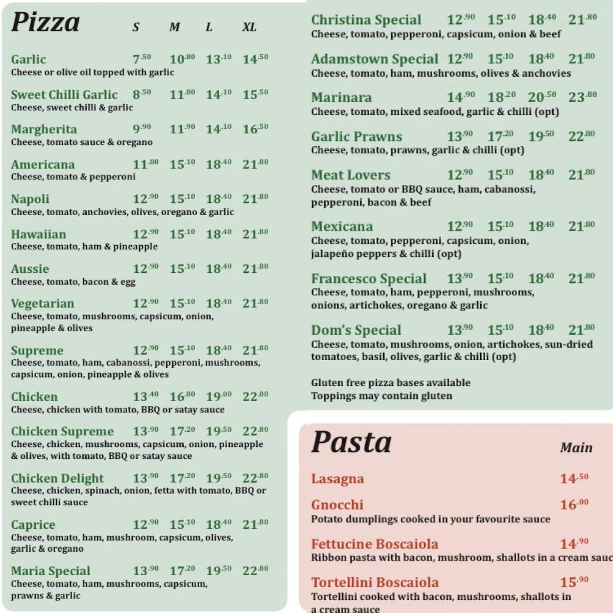 Menu, Hungry Wolf's Italian restaurant