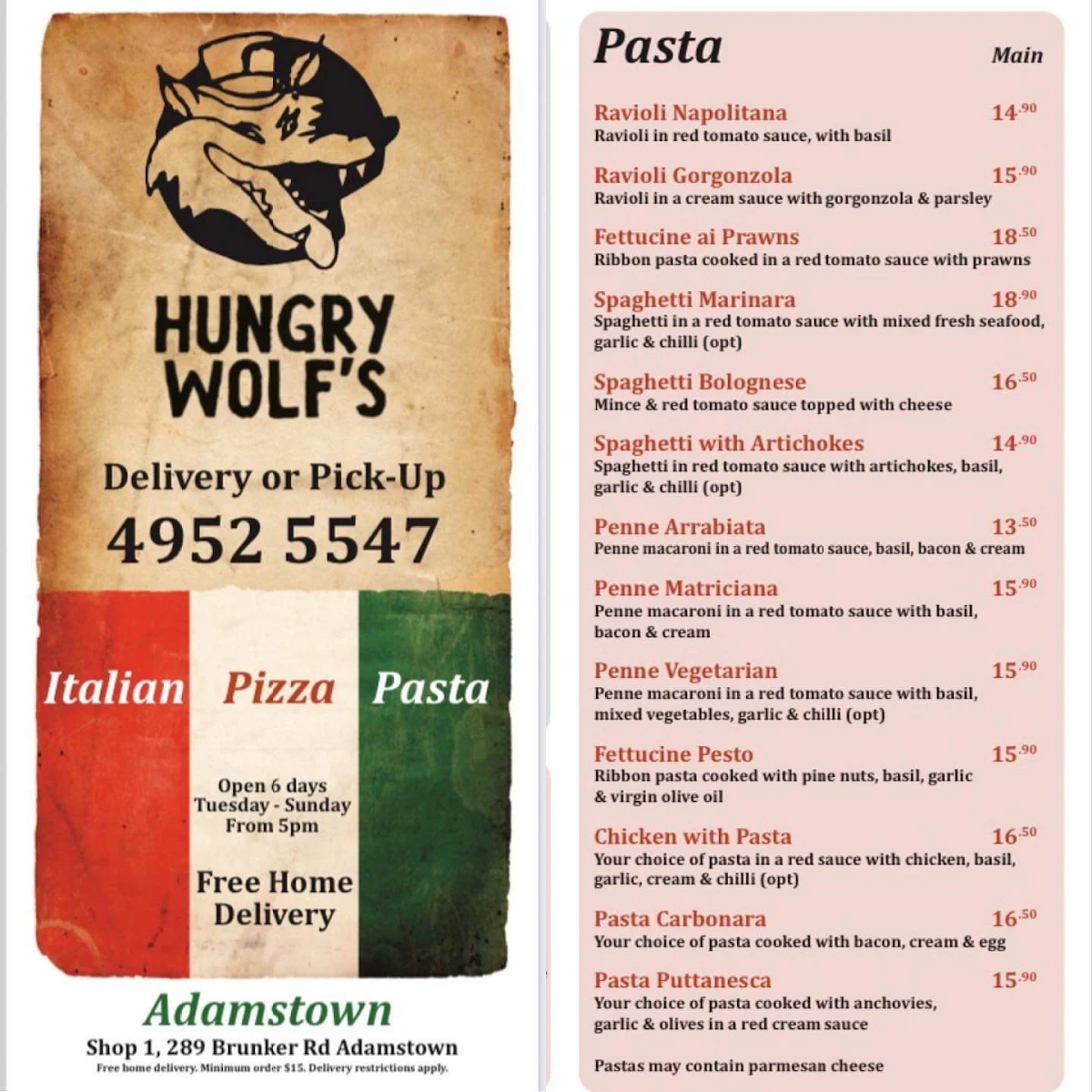 Menu, Hungry Wolf's Italian restaurant