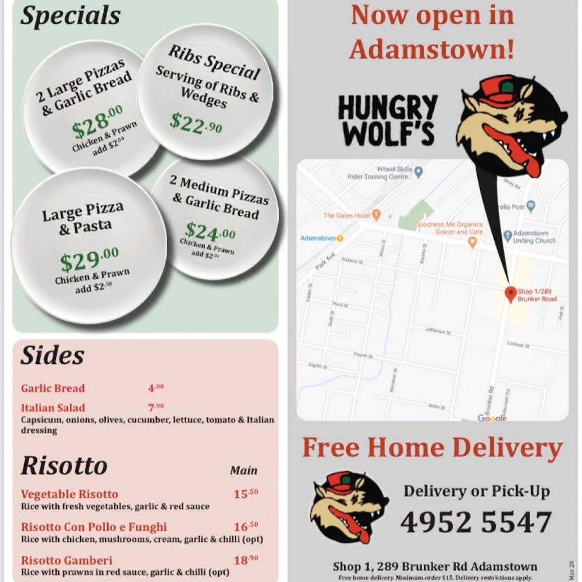 Menu, Hungry Wolf's Italian restaurant