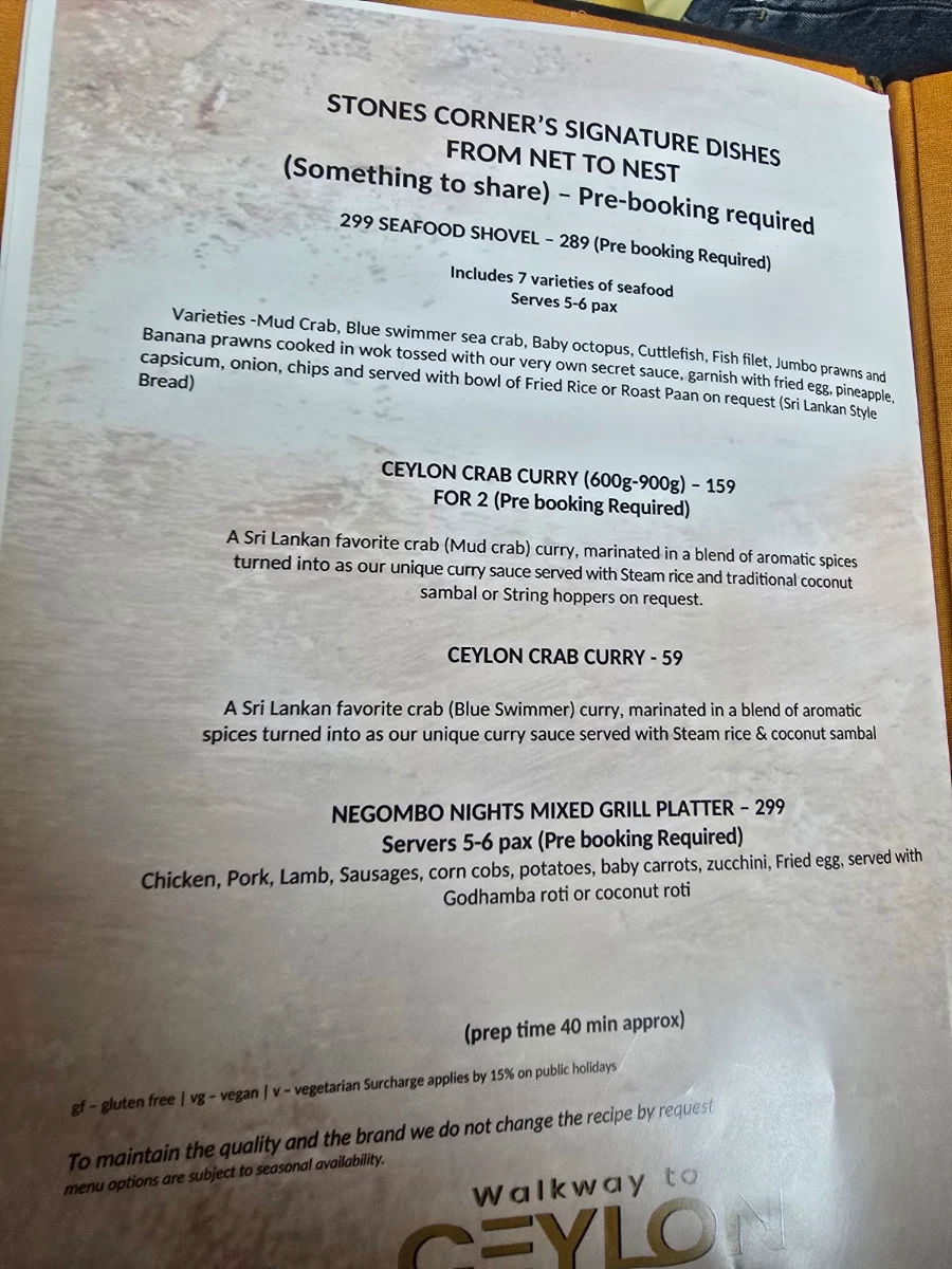 Menu, Walkway to Ceylon